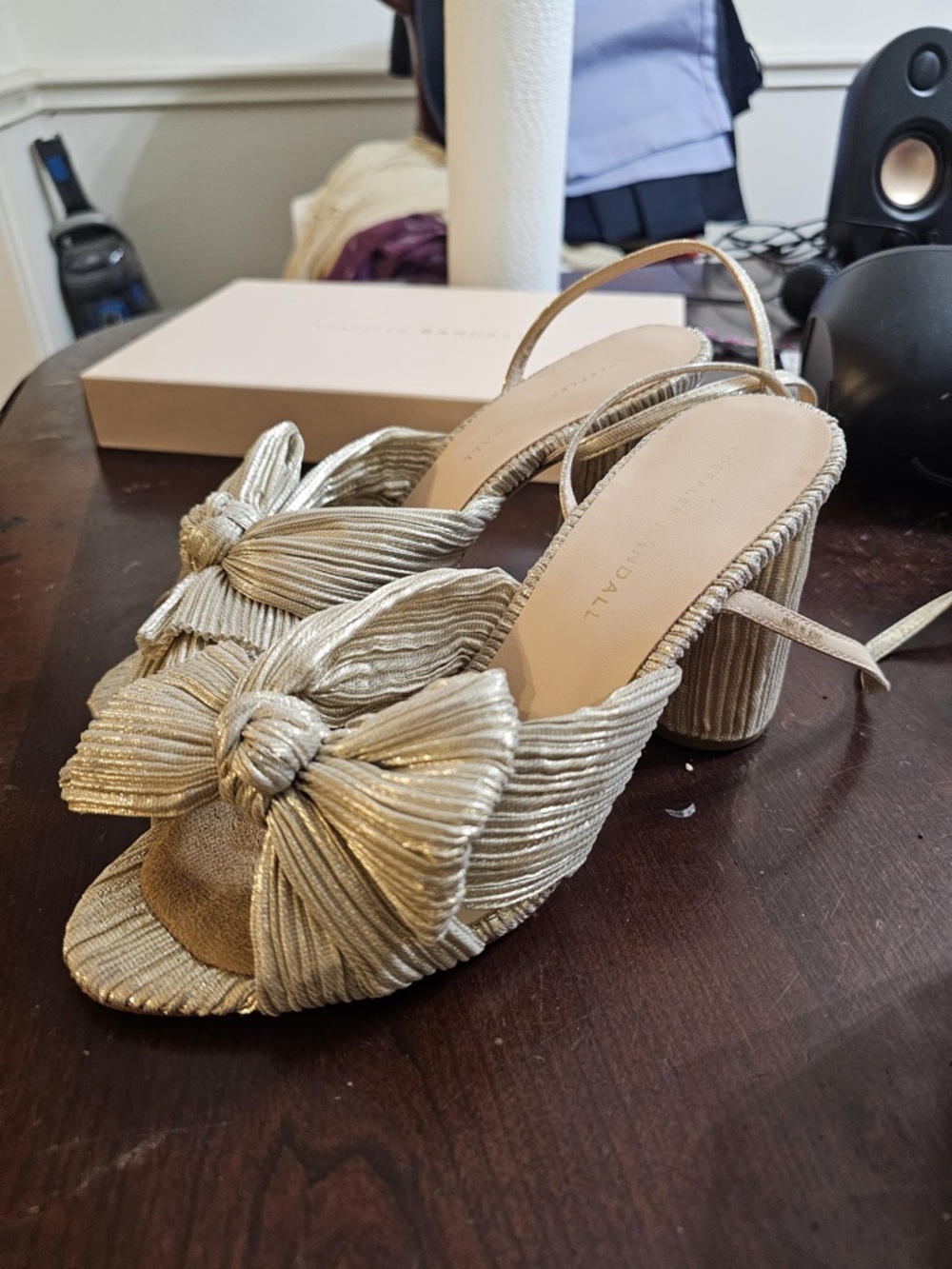 Loeffler Randall Gold Knotted Bow Slingback Block Heels (Prom, Grad, Wedding)